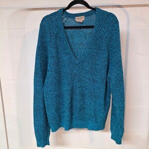 Vintage Mens Store Teal Blue Marl Chunky Knit V-Neck Sweater Ramie Cotton Large